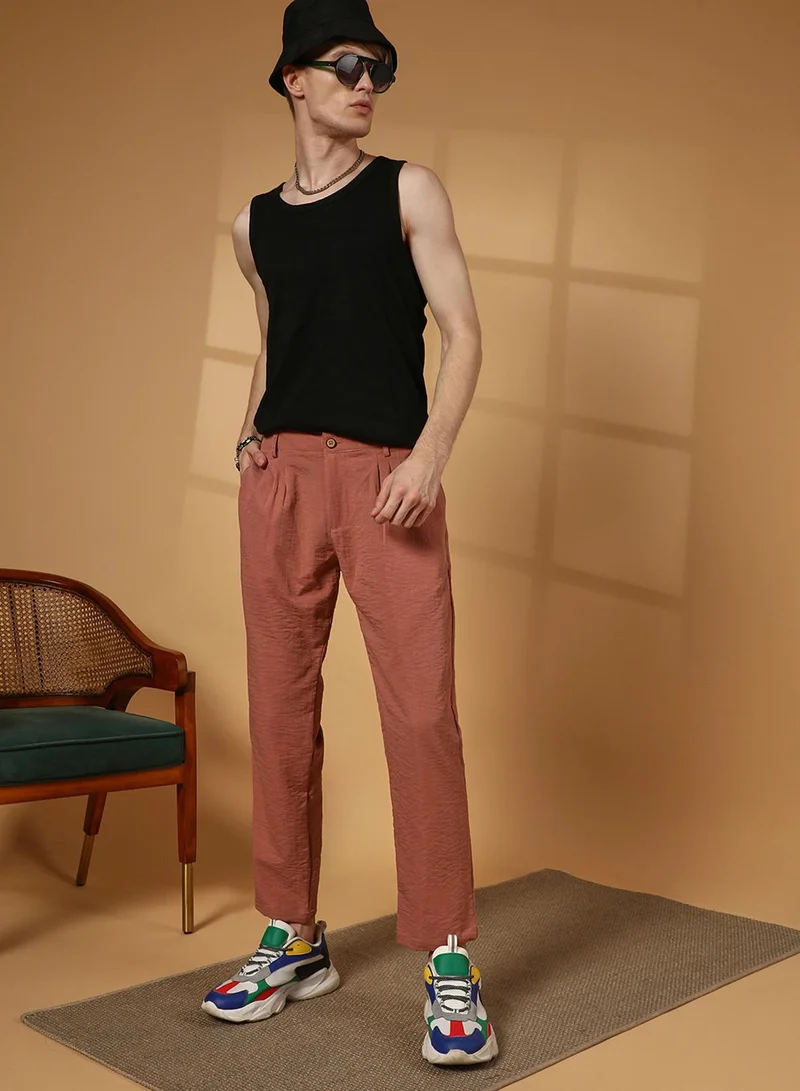 كامبوس سوترا Men's Terracotta Brown Crinkled Tailored Trousers