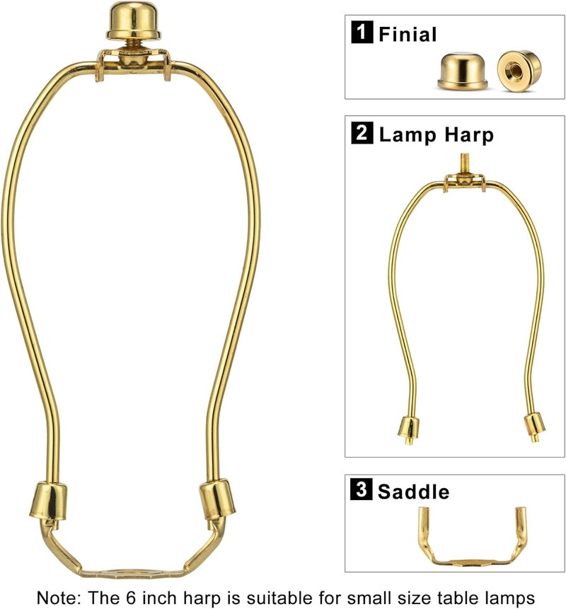 Qc Lamp Harp 6 Inch, 2 Set Detachable LampShade Harp for Table and Floor Lamps, Heavy Duty Lamp Brackets with 3/8 Standard Saddle and Finials (Polished Brass) - Image 2