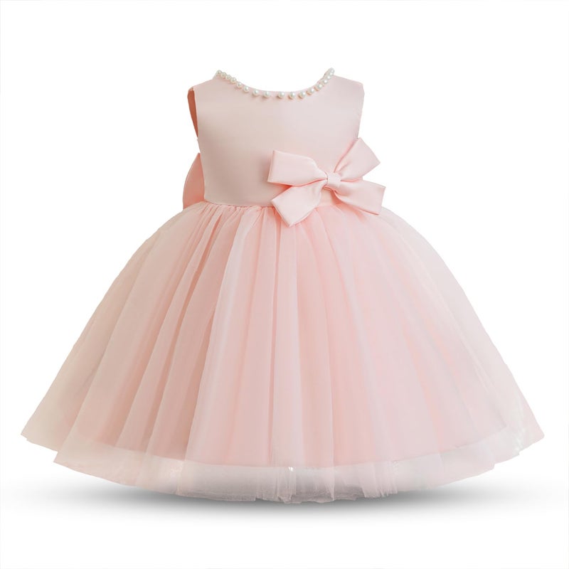 Nileafes Flower Girls Baby Tutu Wedding Party Satin Dress Infant Sleeveless Pearl Princess Pageant Ball Gown Size 2-3Y (2-3 Years, 075-Pink) - Image 4