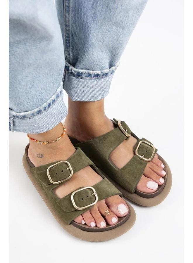 Manijero  Lavender Women's Genuine Leather Double Buckle Khaki Slippers. for Women | Best Price UAE