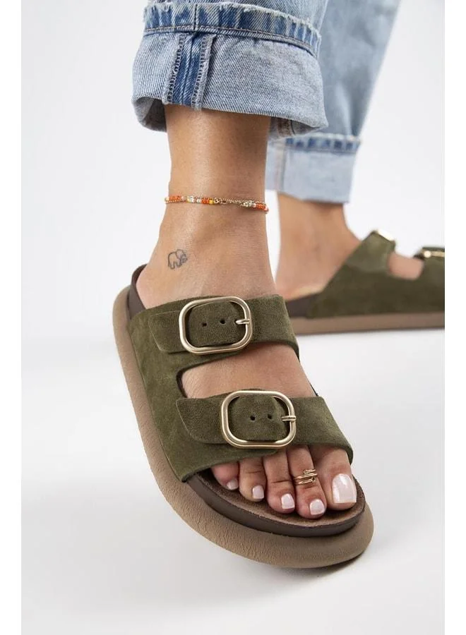 Lavender Women's Genuine Leather Double Buckle Khaki Slippers.