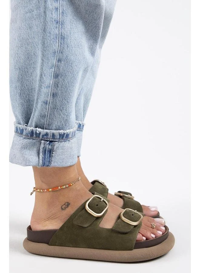 Manijero  Lavender Women's Genuine Leather Double Buckle Khaki Slippers. for Women | Best Price UAE