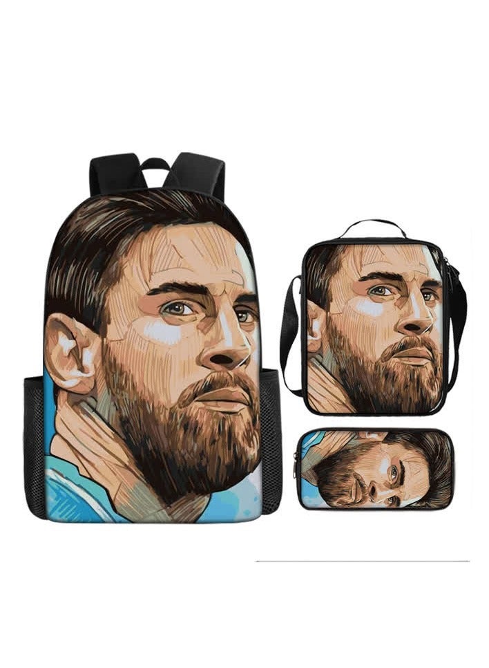 general New football schoolbag Messi peripheral middle school student backpack large-capacity polyester pencil bag satchel three-piece set,29-Three-piece set (backpack + satchel + pencil bag) - Image 1
