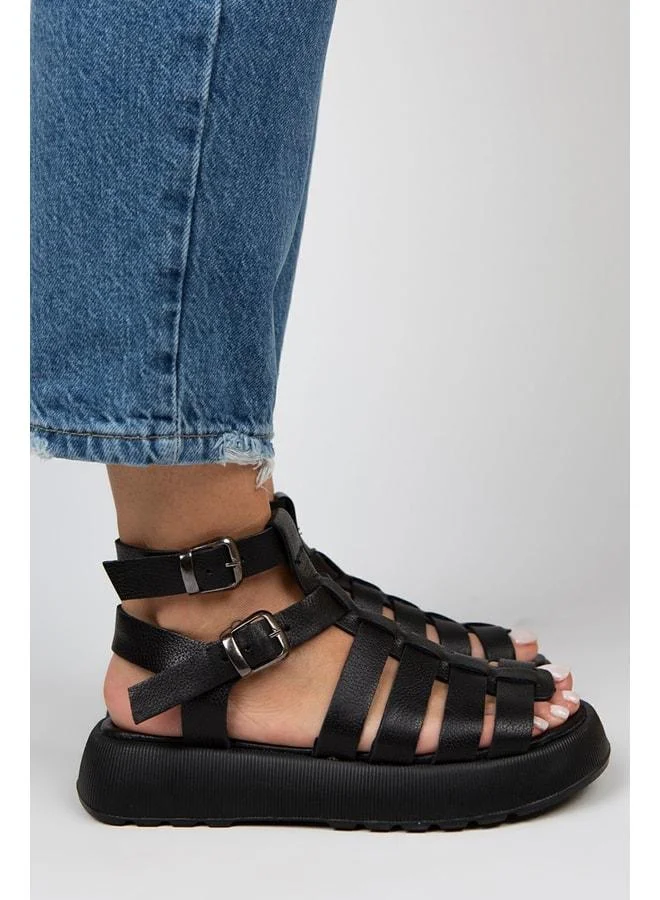 Benia Women's Genuine Leather Caged Sandal Black Sandal.