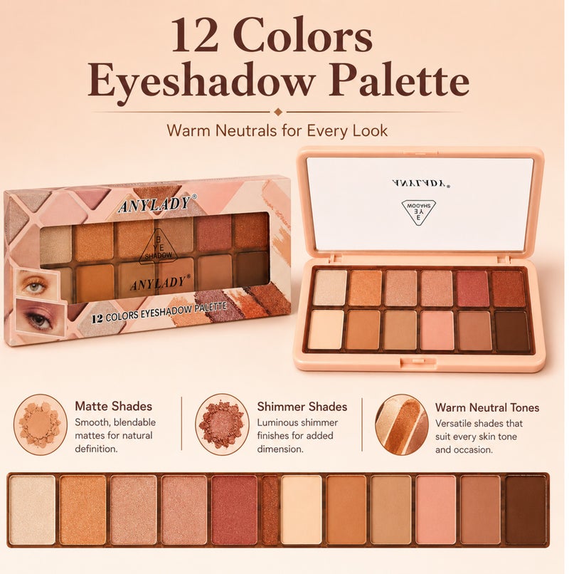 Me Now 12 Colors Eyeshadow Palette Matte Shimmer Nude Brown Pink Eye Shadow Makeup Palette Slim Compact Travel Eye Makeup Kit 15.5g - Image 2