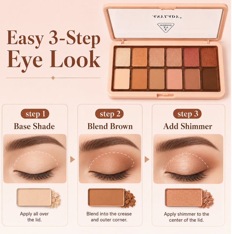Me Now 12 Colors Eyeshadow Palette Matte Shimmer Nude Brown Pink Eye Shadow Makeup Palette Slim Compact Travel Eye Makeup Kit 15.5g - Image 5