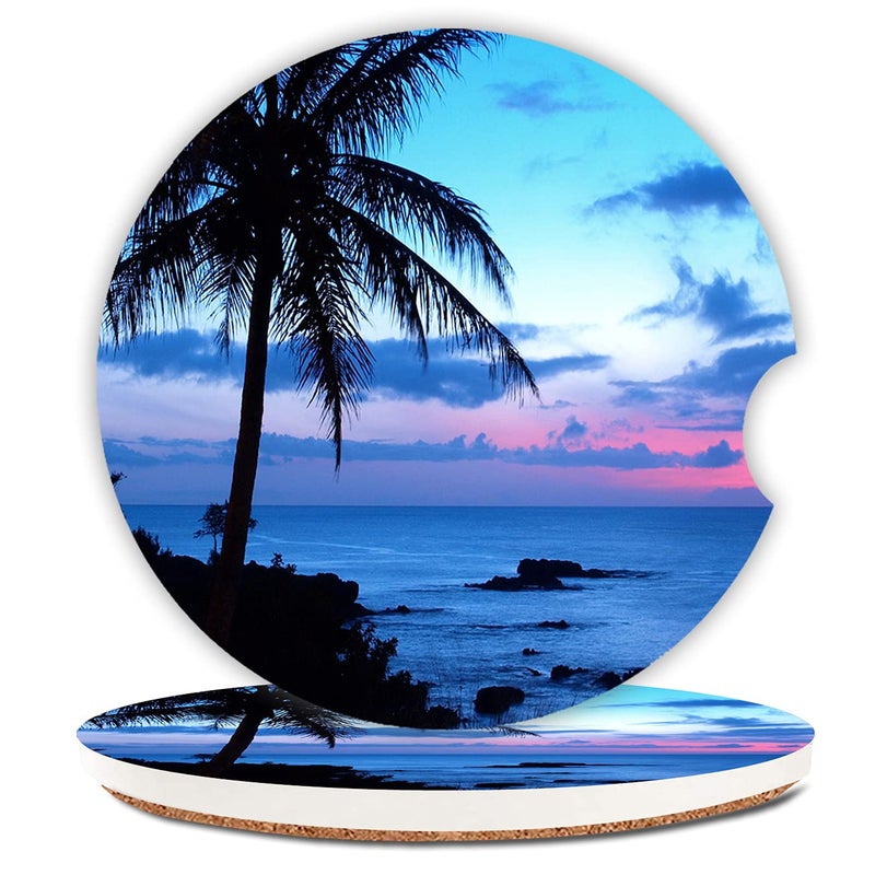 Ceramic Cup Holders Car Coasters for WomenMenAbsorbent Drink Cup Car Holder Coasters with A Finger Notch 256 Pack of 2Tropical Ocean Beach Scene with Palm Trees