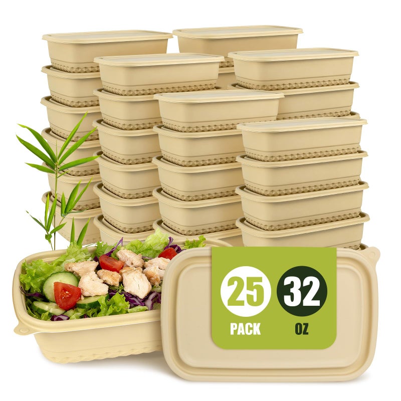 Bmboryxa 25Pack(50pcs) Meal Prep Containers Reusable, 32oz Bamboo-Powder Food Containers with Lids, Plant-based To Go Containers for Lunch - Microwave, Freezer, Dishwasher Safe - Image 1