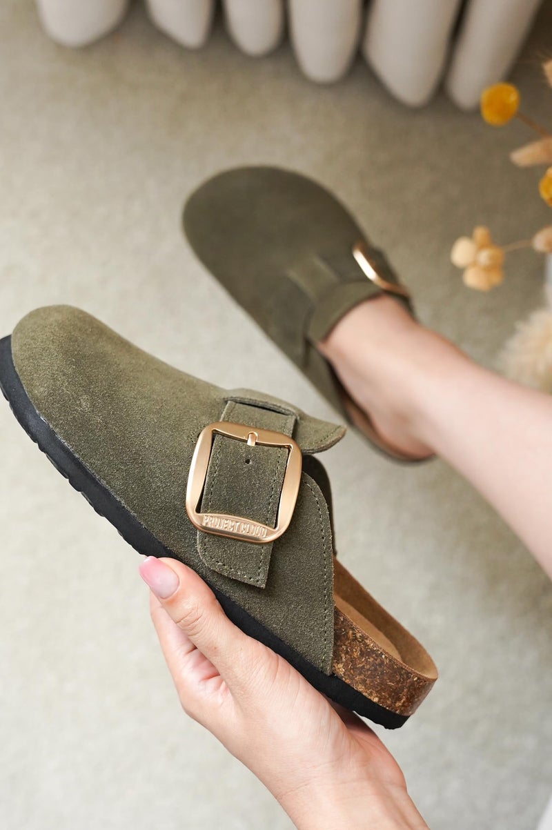 Project Cloud 100% Genuine Leather Clogs for Women Shoes - Memory Foam Insole, Non-Slip & Natural Cork Footbed Arch Support Big Buckle Womens Clogs and Mules Footwear (Manchester, Oliv, 5.5) - Image 2