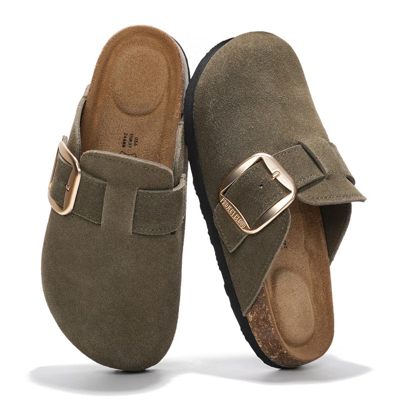 Project Cloud 100% Genuine Leather Clogs for Women Shoes - Memory Foam Insole, Non-Slip & Natural Cork Footbed Arch Support Big Buckle Womens Clogs and Mules Footwear (Manchester, Oliv, 5.5) - Image 1