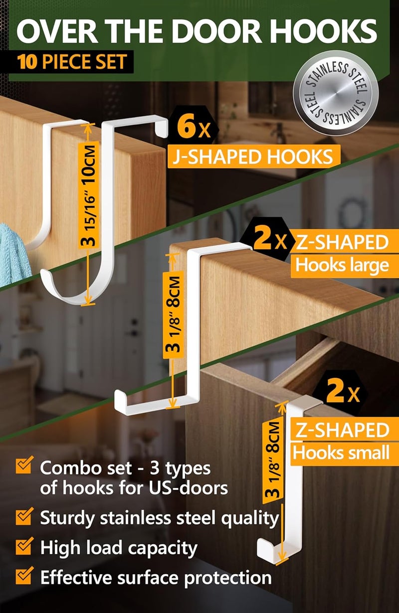 4smile Over The Door Hooks 6+2+2 Cruise Must Haves Set, White - Coat Hanger 6 pcs fits 1 3/8" + Towel Holder 2 pcs fits up to 1 3/4" + Cabinet Hooks 2 pcs with Anti-Scratch & Non-Slip Pads - Image 2