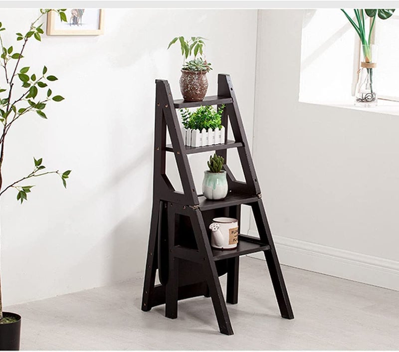 Wooden Folding Library Ladder Chair2 in 1 Lightweight Portable Multifunctional Step Stool 4Step Stool Dual Purpose Stepladders Display Stand and Flower Stand for Home V8 - Image 3