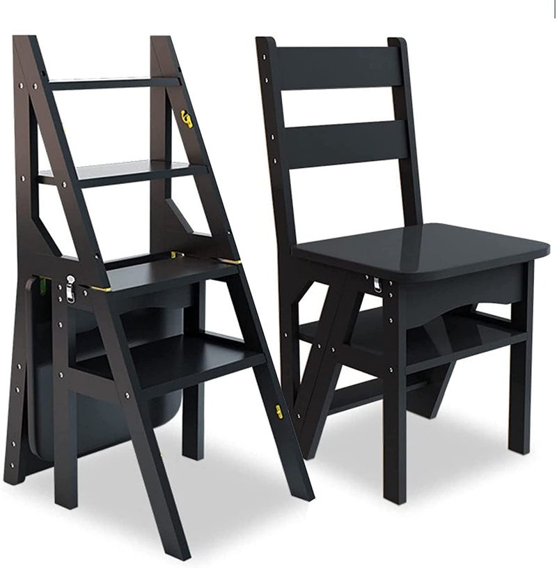 Wooden Folding Library Ladder Chair2 in 1 Lightweight Portable Multifunctional Step Stool 4Step Stool Dual Purpose Stepladders Display Stand and Flower Stand for Home V8 - Image 1