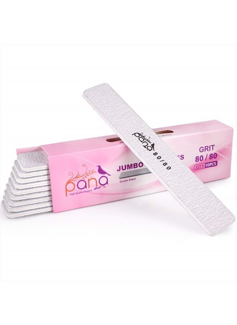10pcs - PANA Jumbo Double-Sided Emery Nail File for Manicure, Pedicure, Natural, and Acrylic Nails - Zebra (Grit 80/80)