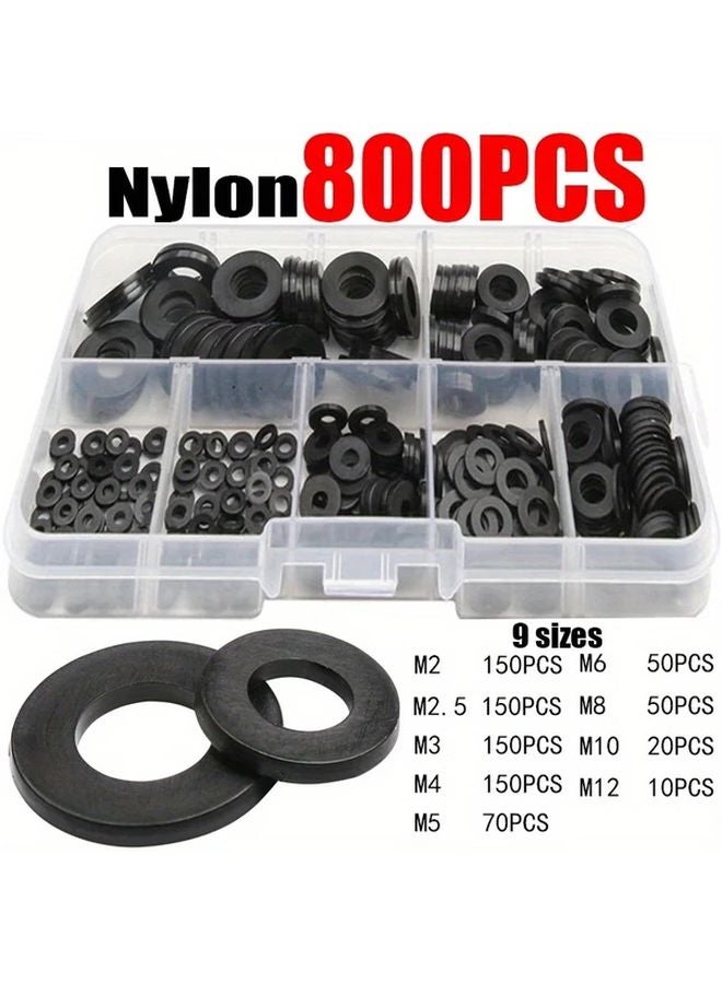 800pcs Black Nylon Washer Set Assorted Sizes M2 to M12 Insulation Spacers Seals Kit - Image 1