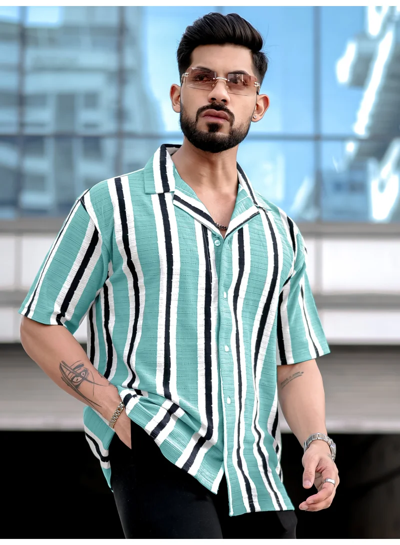 مانياك قميص رجالي نصف كم بياقة كوبية مخطط أزرق بحري قطن بوليستر