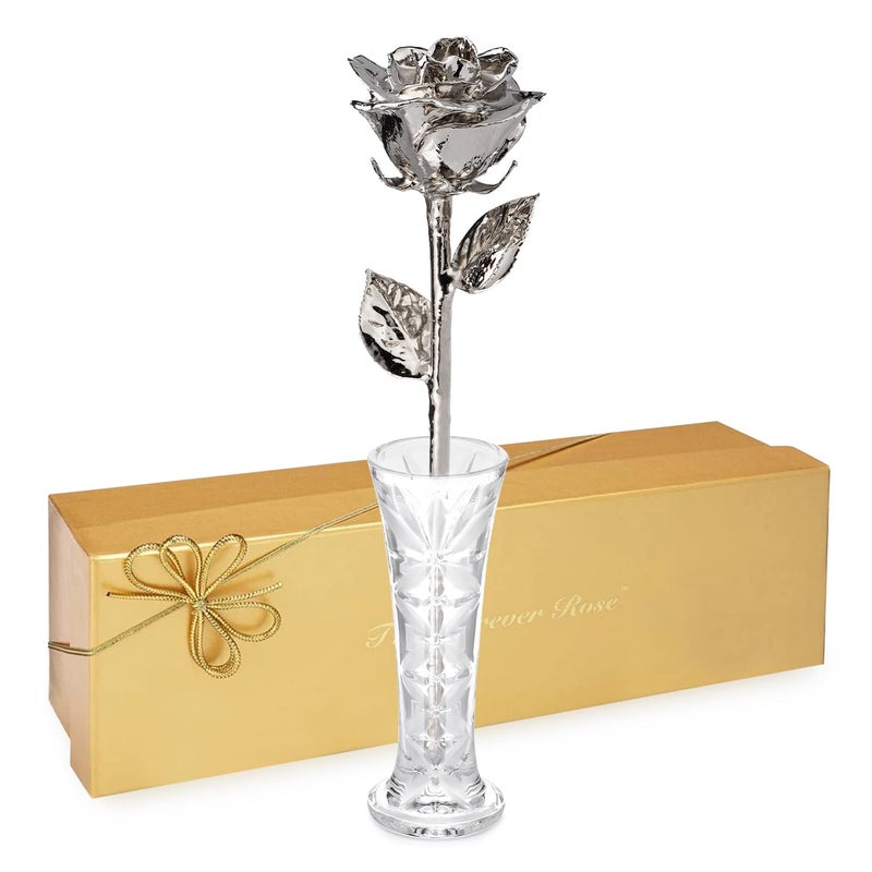 Forever Rose  a Genuine  One of a Kind  Real Platinum Rose with Clear Glass Bud Vase  Hand Dipped in Lacquer and Trimmed in Platinum Rose - Image 1