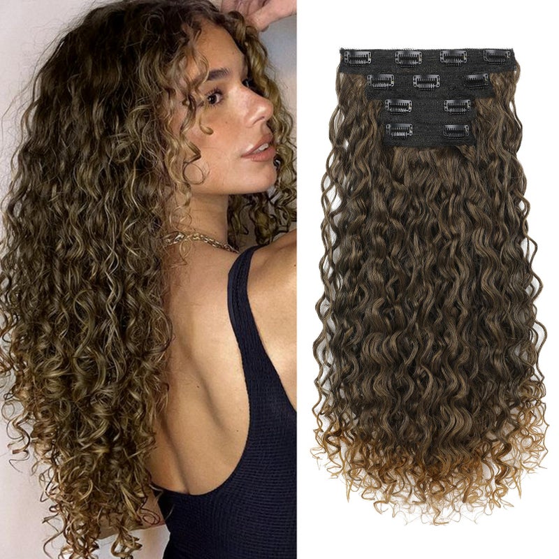 Flufymooz Clip in Hair Extensions 4PC 100 Pure Protein Silk Hair Extensions Long Soft Natural Hairpiece 20 Inch Curly Hair Extension for Women Brown to Dirty Blonde