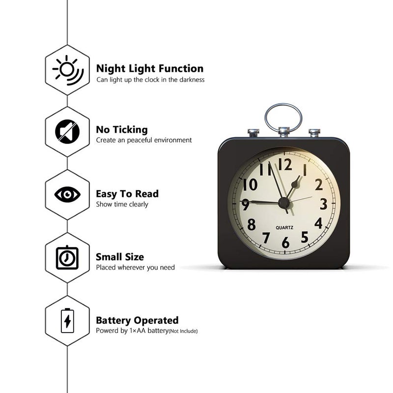 AYRELY Kadio AYRELY Battery Operated Alarm Clock with Square Metal CaseSilent No Ticking Analog Quartz Simple Operation for BedroomTravelDeskKids Black 9 Cm X 9 Cm - Image 2