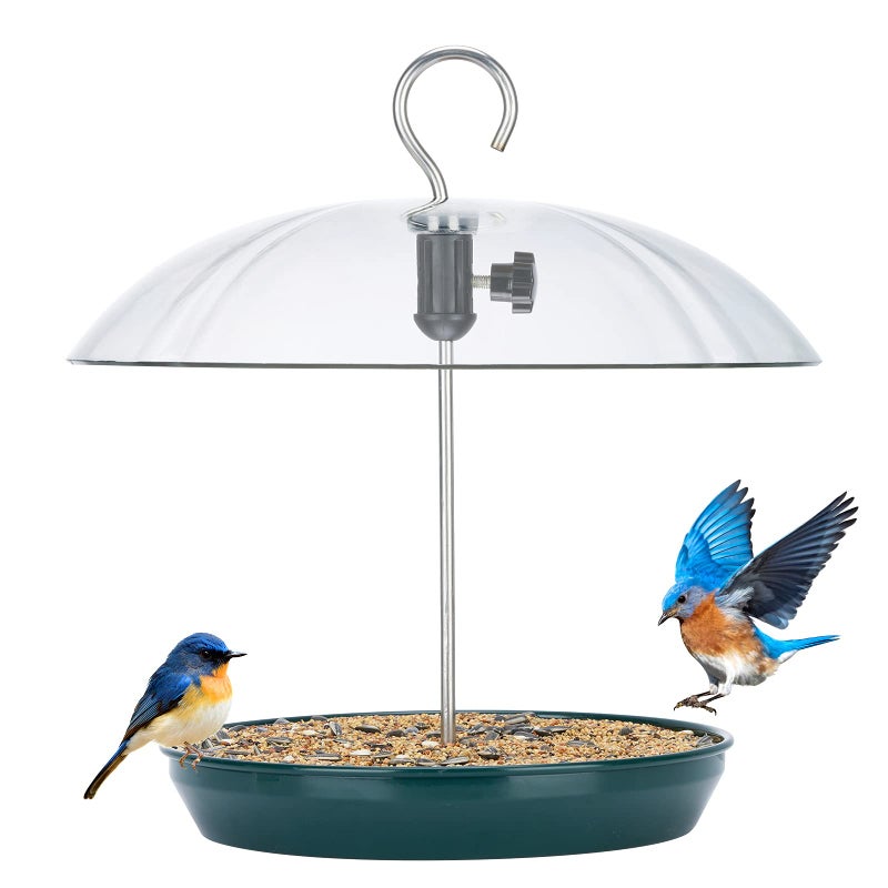 Kingsyard Adjustable Platform Bird Feeder for Outdoors, Hanging Metal Seed Tray with Clear Rain Proof Dome, Large Capacity for Wild Bluebird Cardinal Dove Mealworm, Green - Image 1