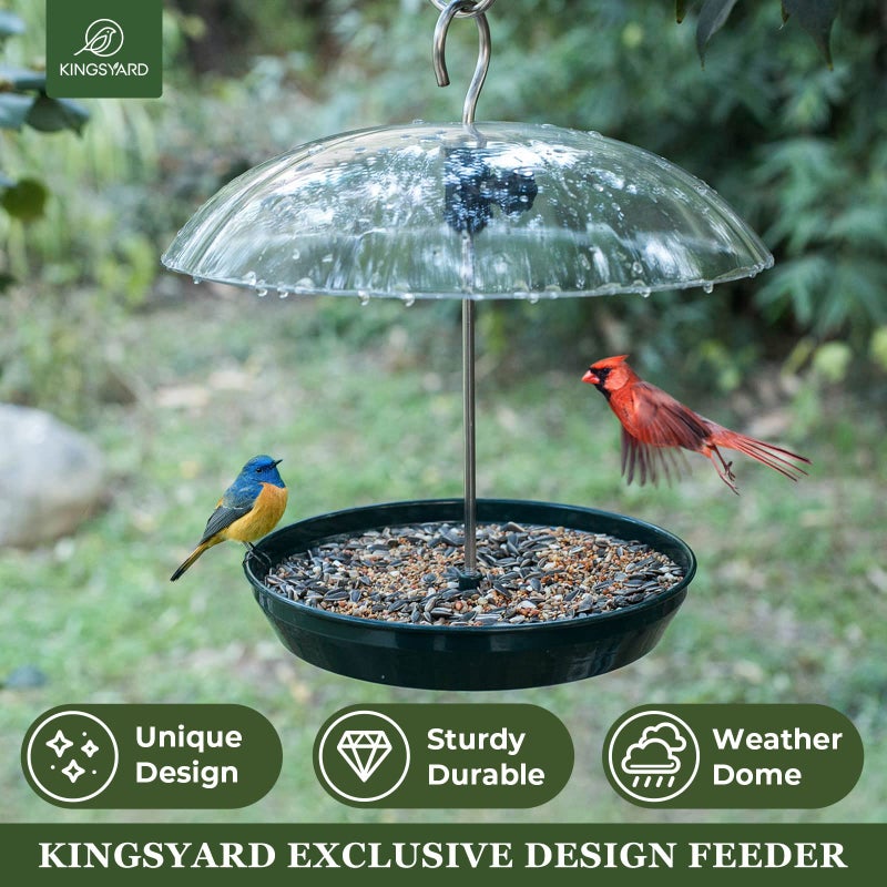 Kingsyard Adjustable Platform Bird Feeder for Outdoors, Hanging Metal Seed Tray with Clear Rain Proof Dome, Large Capacity for Wild Bluebird Cardinal Dove Mealworm, Green - Image 2