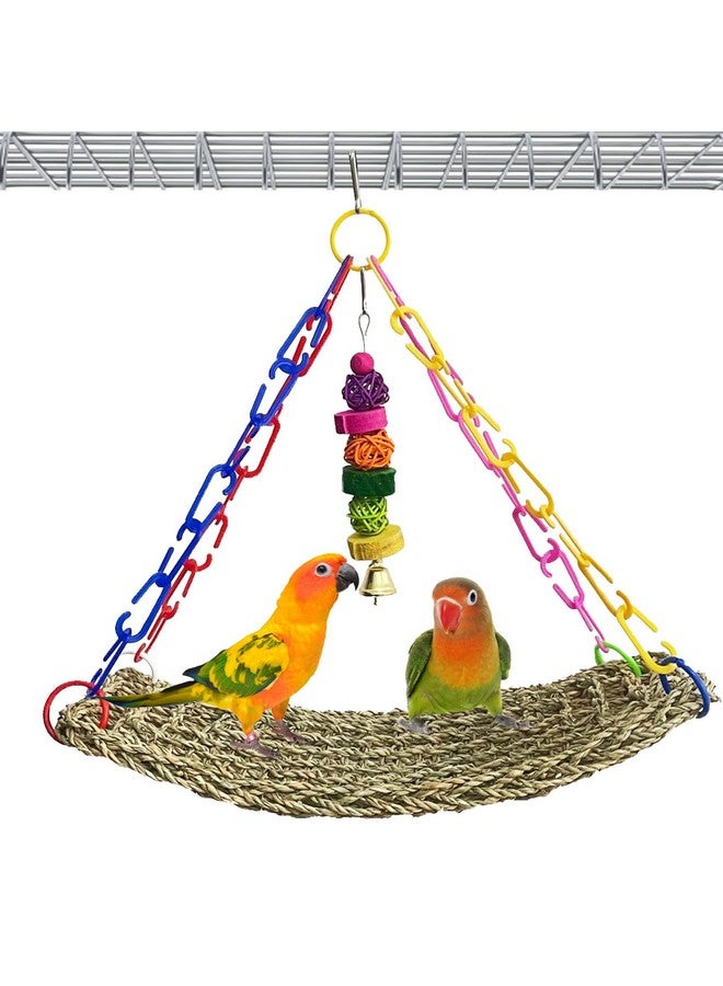 كاثسون حصيرة عشب البحر للطيور من كاثسون، لعبة أرجوحة للطيور، أرجوحة شبكية منسوجة يدويًا من العشب الطبيعي مع ألعاب ملونة للطيور المحبوبة، والكوكاتيل، والكناري، والببغاوات، والعصافير، والبادجي (قطعتان) - Image 1