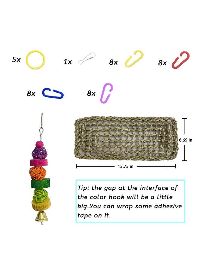 كاثسون حصيرة عشب البحر للطيور من كاثسون، لعبة أرجوحة للطيور، أرجوحة شبكية منسوجة يدويًا من العشب الطبيعي مع ألعاب ملونة للطيور المحبوبة، والكوكاتيل، والكناري، والببغاوات، والعصافير، والبادجي (قطعتان) - Image 3