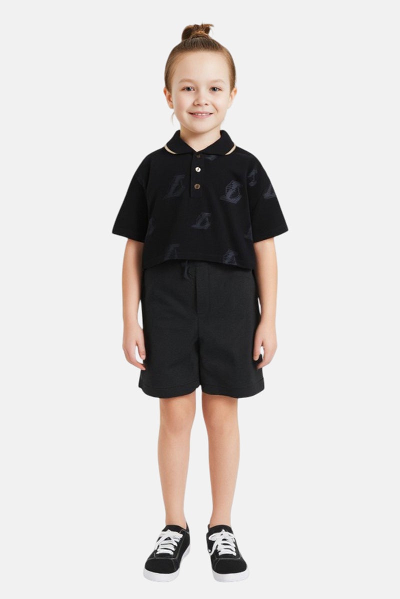 Bershka x NBA Kids Girl Spread Collar Short Sleeve Graphic Print Crop Polo Shirt, Black - Image 1