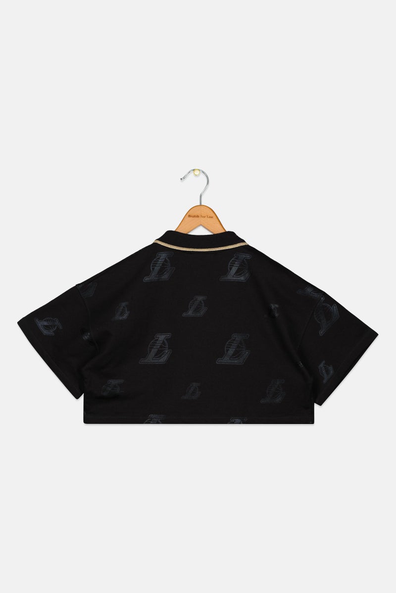 Bershka x NBA Kids Girl Spread Collar Short Sleeve Graphic Print Crop Polo Shirt, Black - Image 3