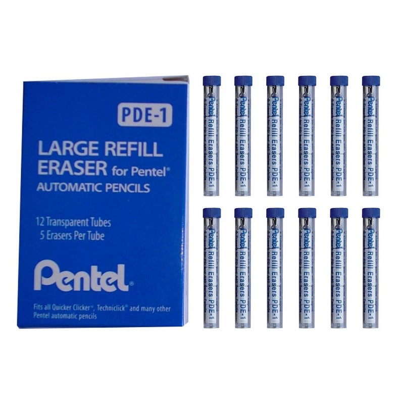 Pentel Refill Eraser for AL, Ax and PD Series Pencils 5 Pcs/Tube, Box of 12 (PDE-1) - Image 1