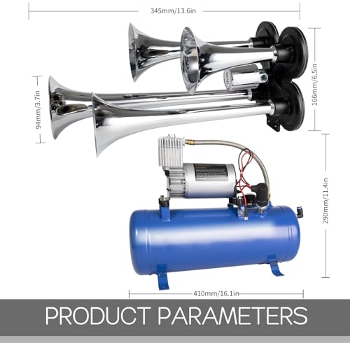 AOLIHAN 180db Train horn kit with 150 PSI Air Tank,Four Trumpet Air horns For Truck, Jeep,Pickup,SUV with 1.6 gallon Air Compressor Can(Silver truck horn kit) - Image 4