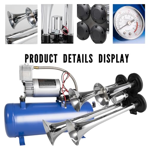 AOLIHAN 180db Train horn kit with 150 PSI Air Tank,Four Trumpet Air horns For Truck, Jeep,Pickup,SUV with 1.6 gallon Air Compressor Can(Silver truck horn kit) - Image 5