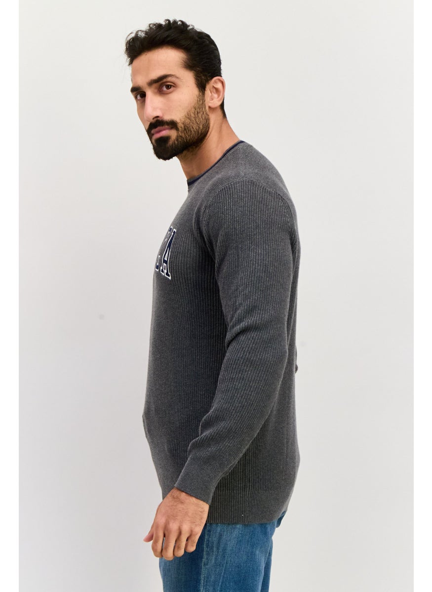 NAUTICA Men Crew Neck Embroidered Logo Long Sleeve Sweater, Grey  - Image 3
