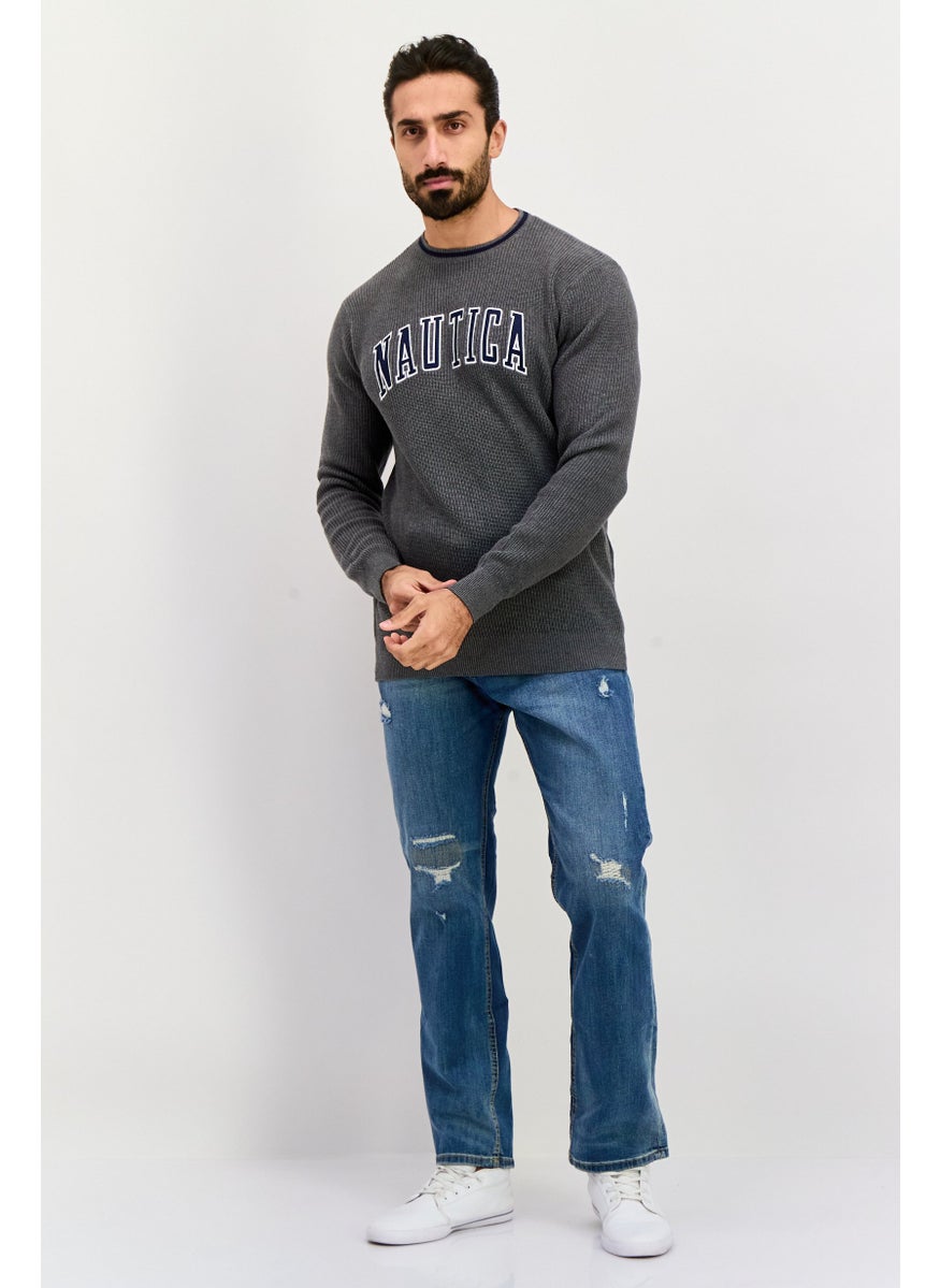 NAUTICA Men Crew Neck Embroidered Logo Long Sleeve Sweater, Grey  - Image 4