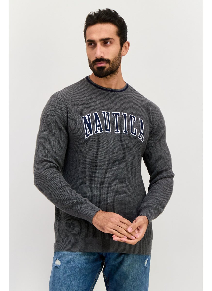 NAUTICA Men Crew Neck Embroidered Logo Long Sleeve Sweater, Grey  - Image 1