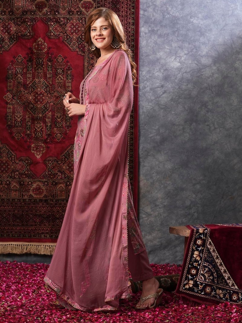 جو سريكي طقم كورتا نسائي مطبوع من مزيج الرايون من جوسريكي، مع بنطال وشال. - Image 4