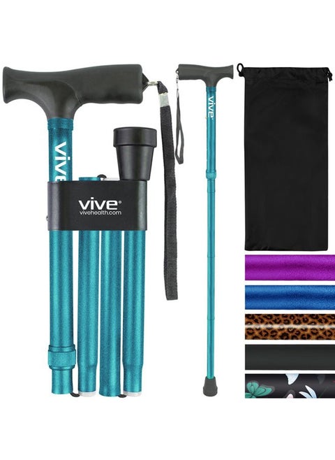 Folding Cane - Foldable Walking Cane for Men, Women - Fold-up, Collapsible, Lightweight, Adjustable, Portable Hand Walking Stick - Balancing Mobility Aid - Sleek, Comfortable T Handles (Teal)