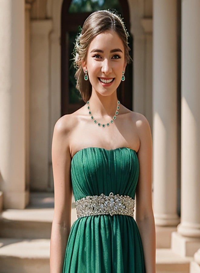 BriLove Wedding Jewelry Set for Women Bride Necklace Earrings Crystal Teardrop Oval Cluster Bridal Bridesmaid Party Prom Emerald Color Gold-Tone - Image 4