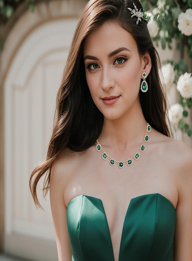 BriLove Wedding Jewelry Set for Women Bride Necklace Earrings Crystal Teardrop Oval Cluster Bridal Bridesmaid Party Prom Emerald Color Gold-Tone - Image 5