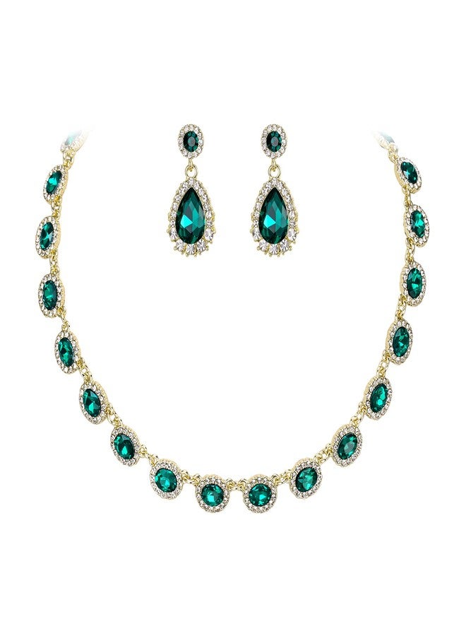 BriLove Wedding Jewelry Set for Women Bride Necklace Earrings Crystal Teardrop Oval Cluster Bridal Bridesmaid Party Prom Emerald Color Gold-Tone - Image 1