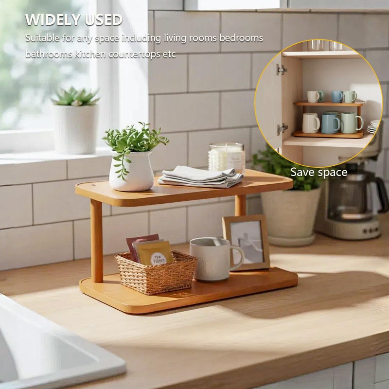 YENXIKU 2 Tier Countertop Shelf for Coffee Mugs & Kitchen Counter Organization - Multi-Purpose Tiered Wooden Stand for Cupcakes, Spices, Makeup, Rustic Tabletop Decor - Image 5