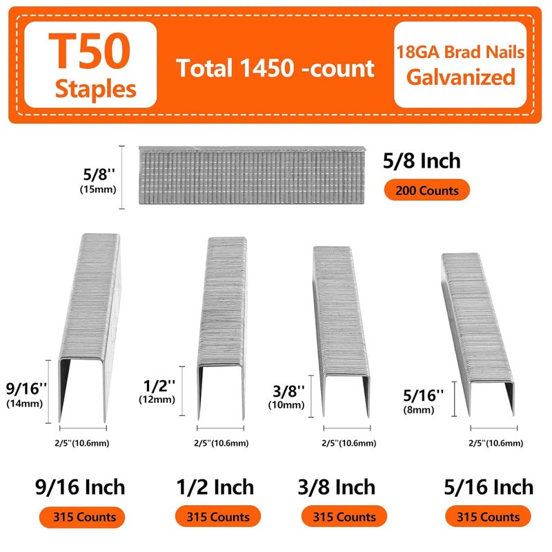 SITLDY Heavy Duty T50 Staples 1450-Count 5 Sizes Includes: 5/16",3/8",1/2",9/16" Staples+5/8" Brad Nails, 20 Gauge Galvanized Assorted Size Project Pack - Image 2