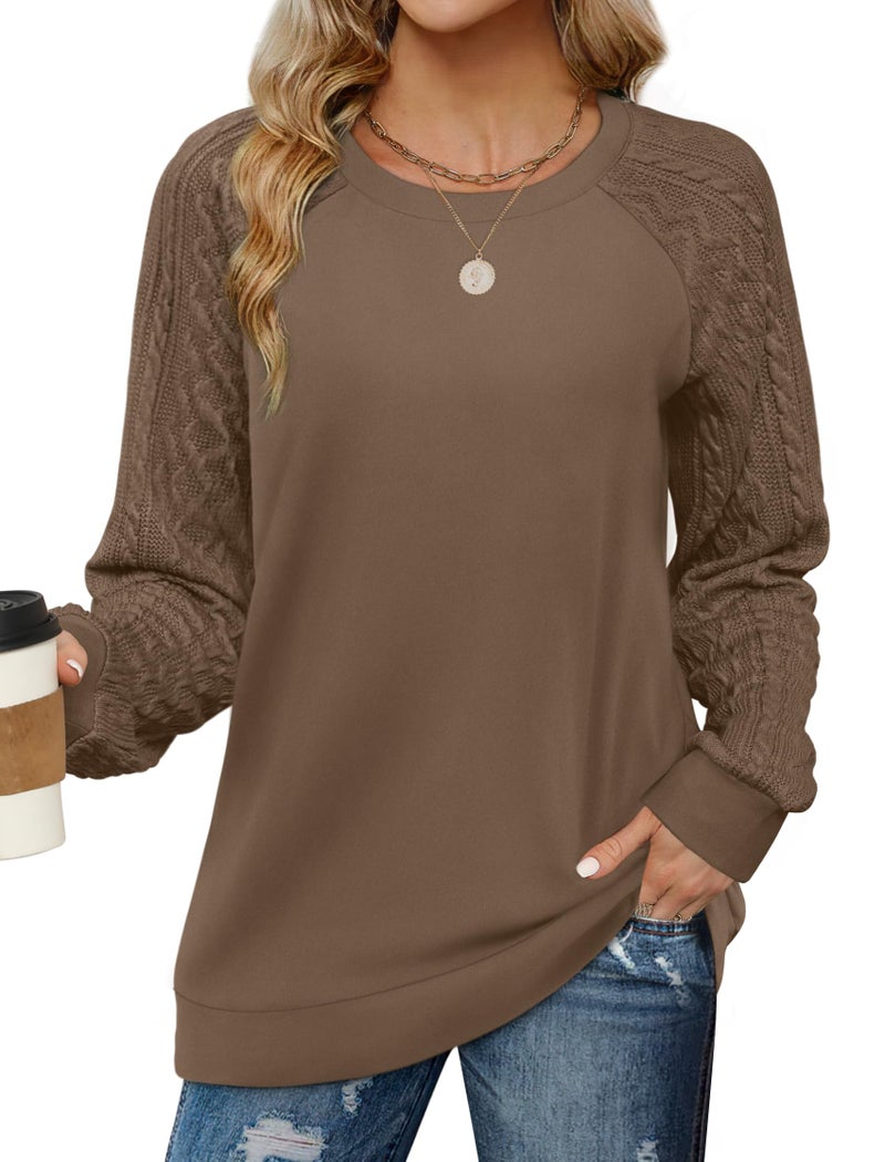 Saloogoe Womens Sweaters Fall Tops 2025 Cable Knit Long Sleeve Shirts Lightweight Chocolate Brown Fall Clothes Plus Size Old Money XL - Image 1