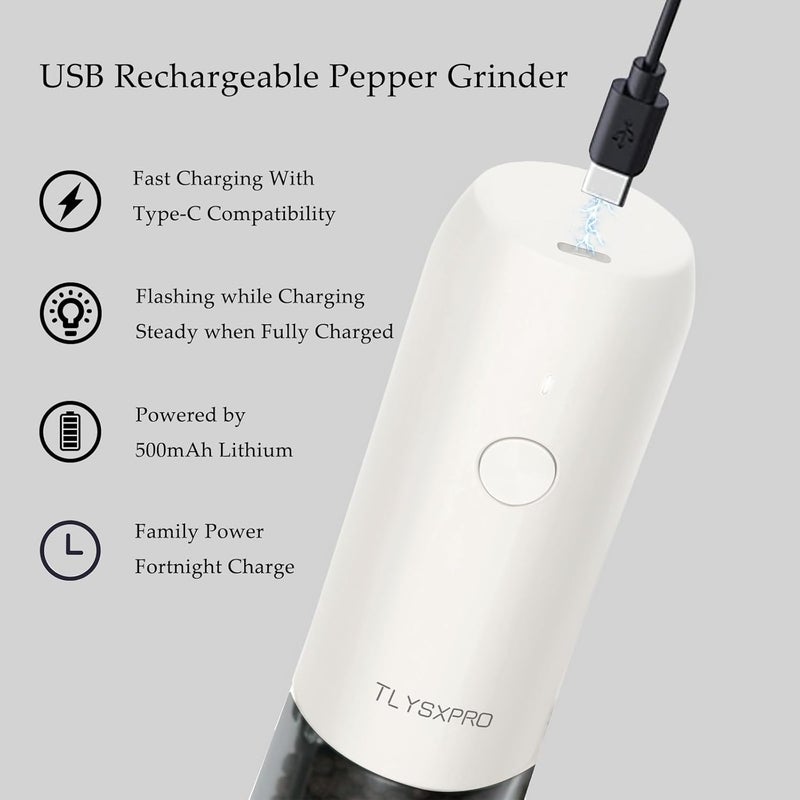 مطحنة ملح وفلفل كهربائية، قابلة للشحن عبر USB، رجاجة ملح وفلفل أوتوماتيكية، خشونة قابلة للتعديل، مطحنة فلفل كهربائية، ضوء LED، قابلة لإعادة التعبئة، أداة مطبخ (عبوة واحدة، أبيض) - Image 4