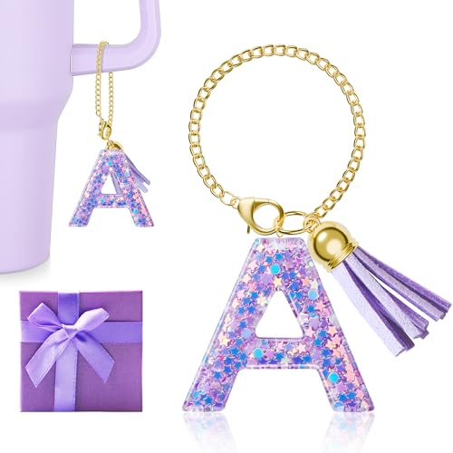 MOYOHIM Letter Charm for Stanley Cup, Cute Initial Keychain Charm for Handle, Purple Handle Accessories for Stanley Tumbler for Girls Women (Letter A) - Image 1