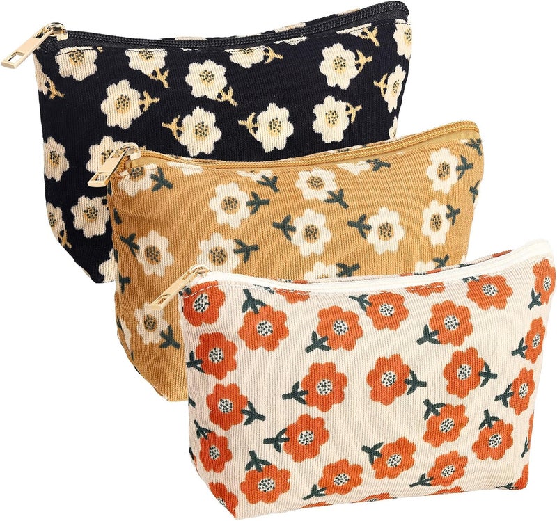 Photect 3 Pcs Floral Makeup Bag Corduroy Small Pouch Canvas Cosmetic Bag Mini Toiletry Zipper Travel Bags for Women Girls Makeup Organizer Storage Accessories(Cute)
