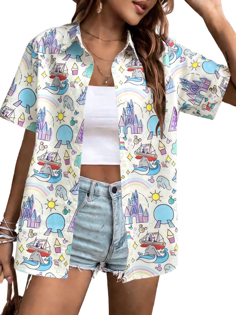 VILOVE Magical Shirt for Women Magic Hawaiian Shirts Princess Tshirt Funny Castle Graphic Family Vacation Button Up Tops - Image 1