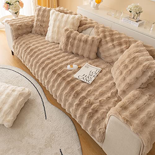 XSlive Soft Warm Faux Fur Couch Sofa Cover Thick Shaggy Fuzzy Sectional Couch Cover Non-Slip Solid Color Plush Sofa Slipcover Furniture Protector for Kids, Pets (Coffee,28"x59") - Image 5