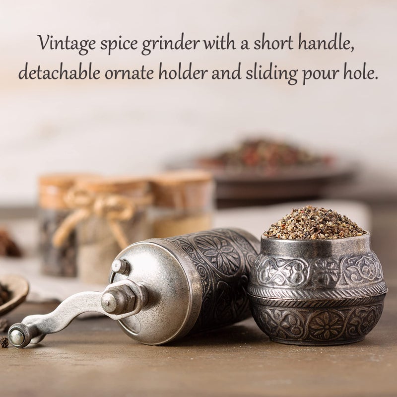 Crystalia Decorative Black Pepper Grinder, Refillable Turkish Spice Mill with Adjustable Coarseness, Manual Pepper Mill with Handle, Spice Grinder Metal with Hand Crank, Dark Silver - Image 4