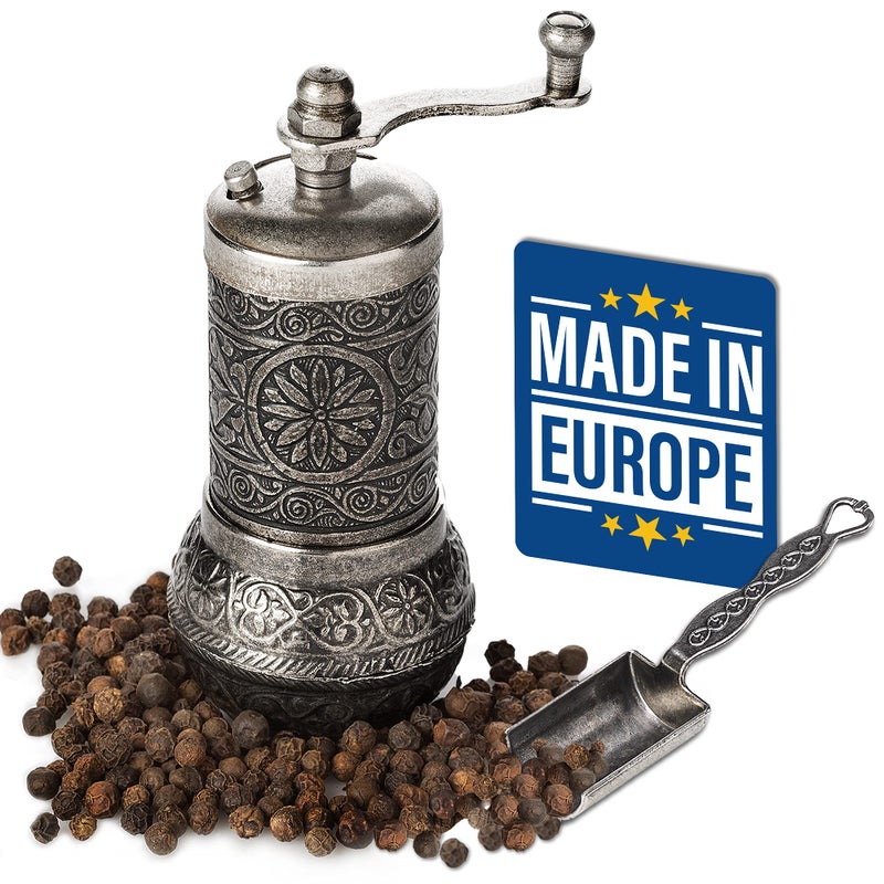 Crystalia Decorative Black Pepper Grinder, Refillable Turkish Spice Mill with Adjustable Coarseness, Manual Pepper Mill with Handle, Spice Grinder Metal with Hand Crank, Dark Silver - Image 1